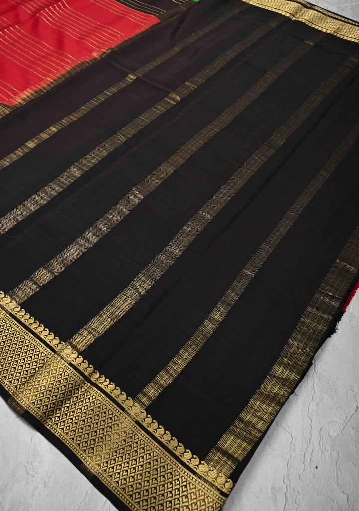 Red Mysore Silk Saree with Horizontal Zari stripes and Panel Border in KSIC Grade Thickness | SILK MARK CERTIFIED