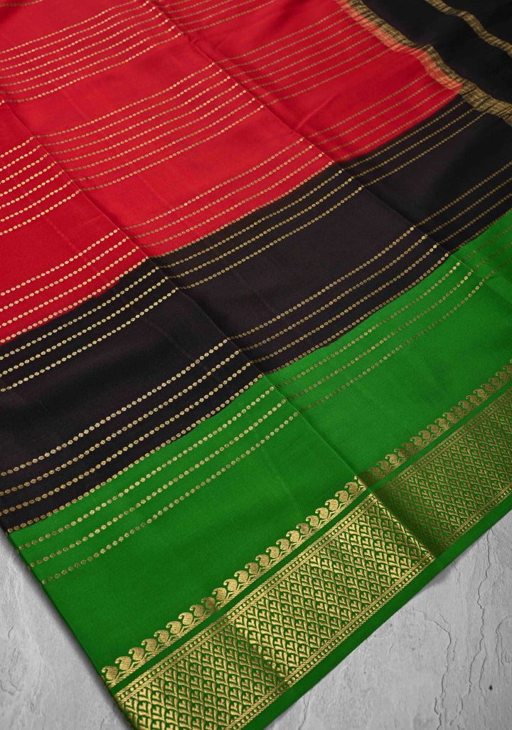 Red Mysore Silk Saree with Horizontal Zari stripes and Panel Border in KSIC Grade Thickness | SILK MARK CERTIFIED