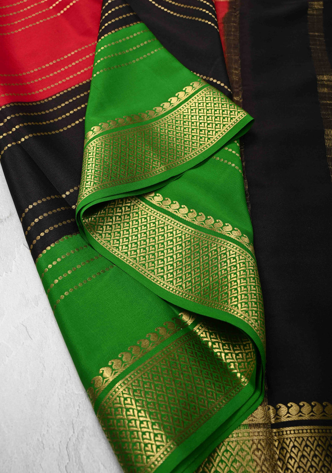 Red Mysore Silk Saree with Horizontal Zari stripes and Panel Border in KSIC Grade Thickness | SILK MARK CERTIFIED