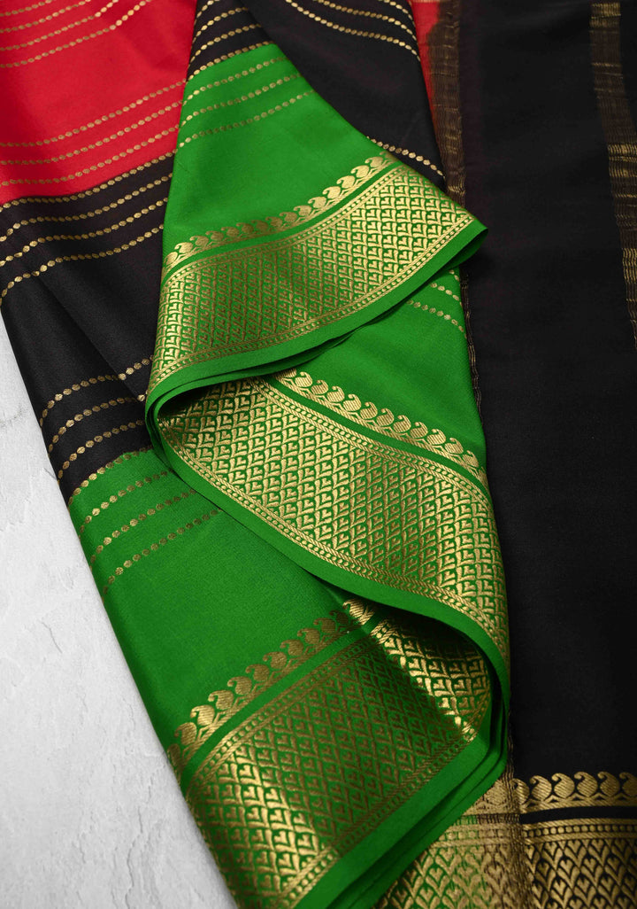 Red Mysore Silk Saree with Horizontal Zari stripes and Panel Border in KSIC Grade Thickness | SILK MARK CERTIFIED