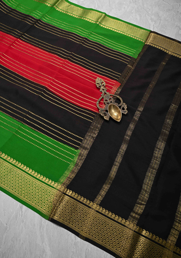 Red Mysore Silk Saree with Horizontal Zari stripes and Panel Border in KSIC Grade Thickness | SILK MARK CERTIFIED