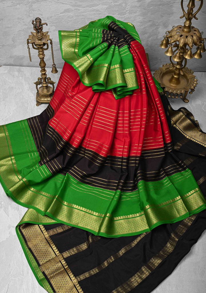 Red Mysore Silk Saree with Horizontal Zari stripes and Panel Border in KSIC Grade Thickness | SILK MARK CERTIFIED