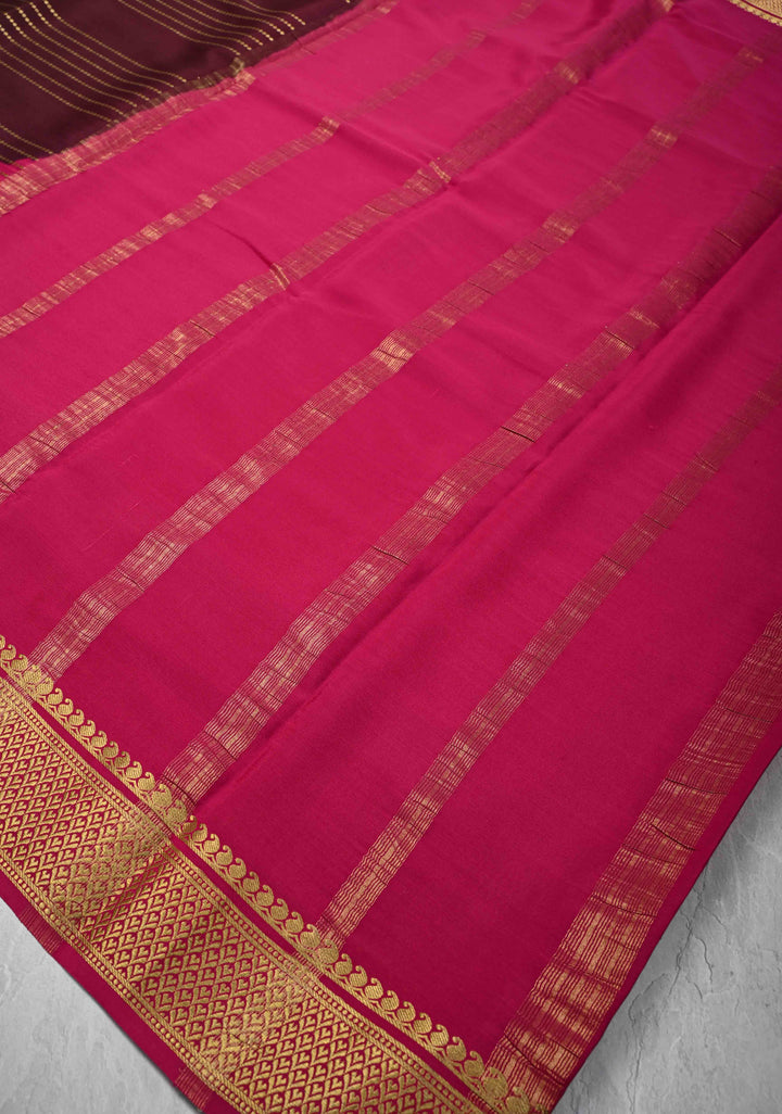 Burgundy Mysore Silk Saree with Horizontal Zari stripes and Panel Border in KSIC Grade Thickness | SILK MARK CERTIFIED