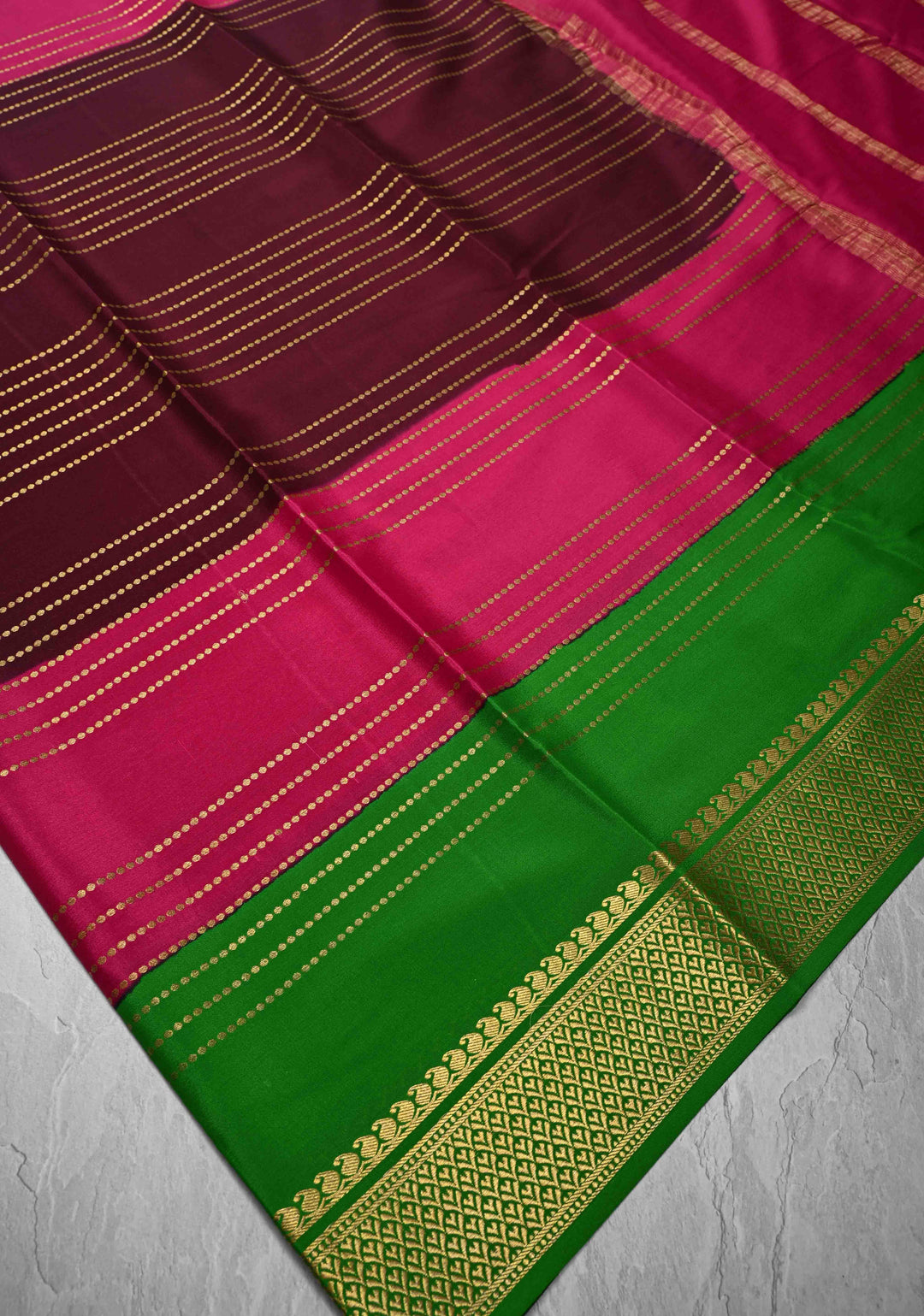 Burgundy Mysore Silk Saree with Horizontal Zari stripes and Panel Border in KSIC Grade Thickness | SILK MARK CERTIFIED