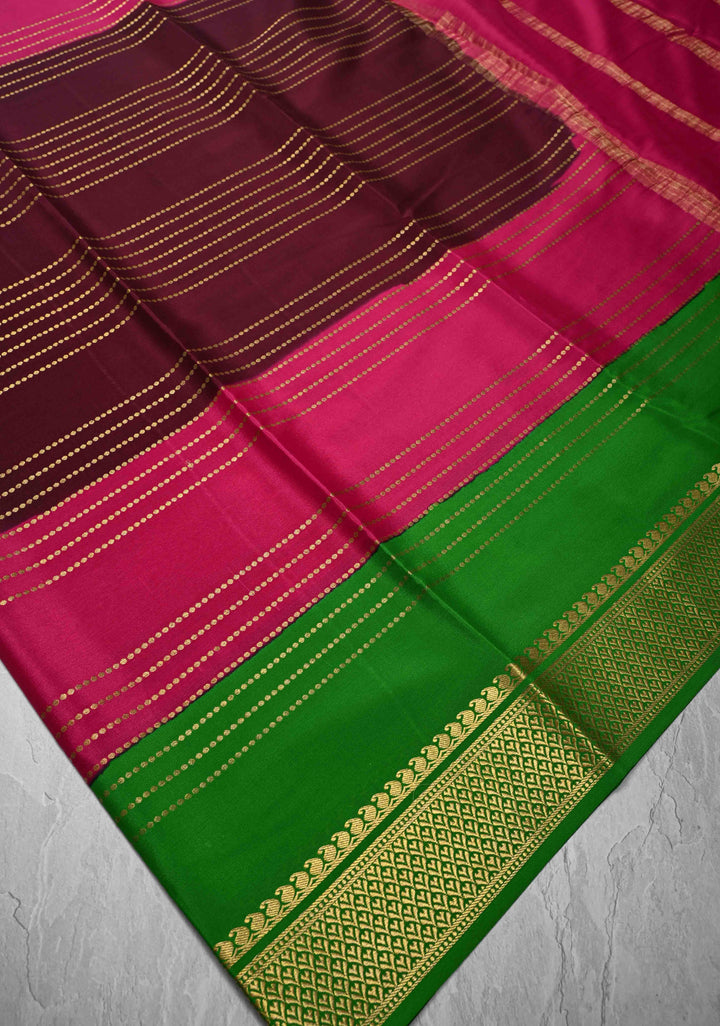 Burgundy Mysore Silk Saree with Horizontal Zari stripes and Panel Border in KSIC Grade Thickness | SILK MARK CERTIFIED