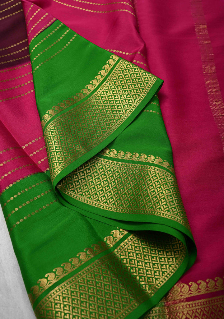 Burgundy Mysore Silk Saree with Horizontal Zari stripes and Panel Border in KSIC Grade Thickness | SILK MARK CERTIFIED