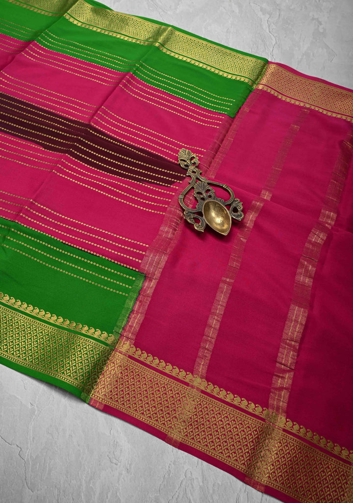 Burgundy Mysore Silk Saree with Horizontal Zari stripes and Panel Border in KSIC Grade Thickness | SILK MARK CERTIFIED