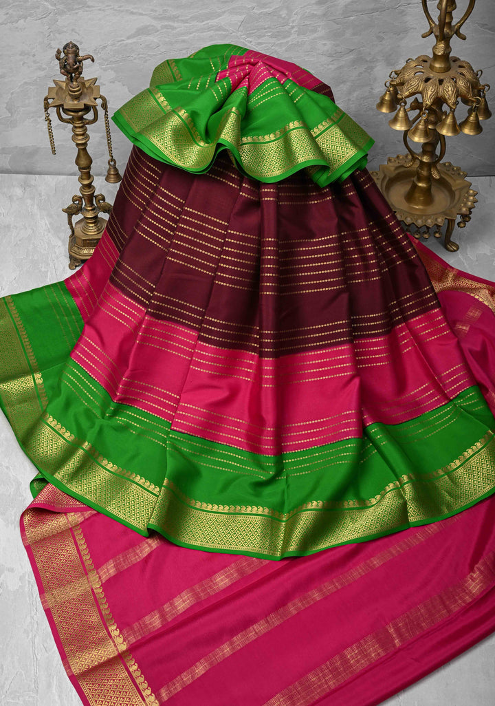 Burgundy Mysore Silk Saree with Horizontal Zari stripes and Panel Border in KSIC Grade Thickness | SILK MARK CERTIFIED