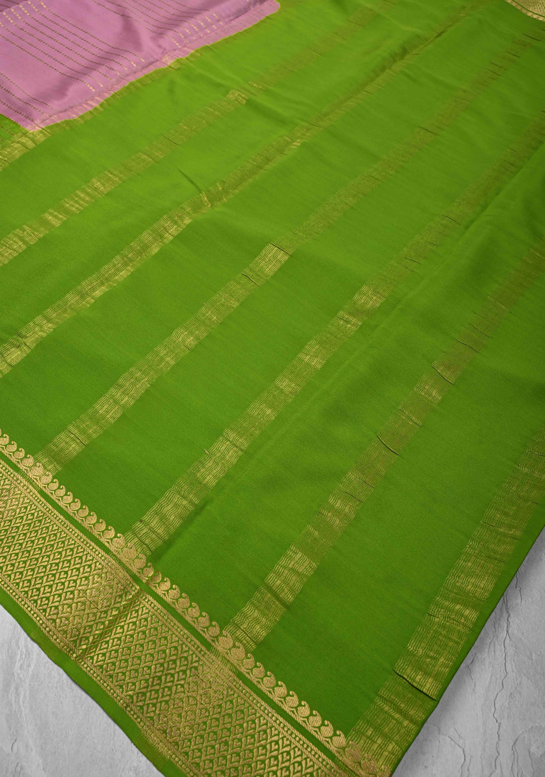 Muted Pink Mysore Silk Saree with Horizontal Zari stripes and Panel Border in KSIC Grade Thickness | SILK MARK CERTIFIED