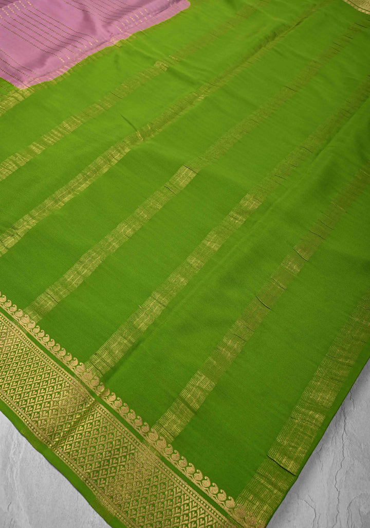 Muted Pink Mysore Silk Saree with Horizontal Zari stripes and Panel Border in KSIC Grade Thickness | SILK MARK CERTIFIED