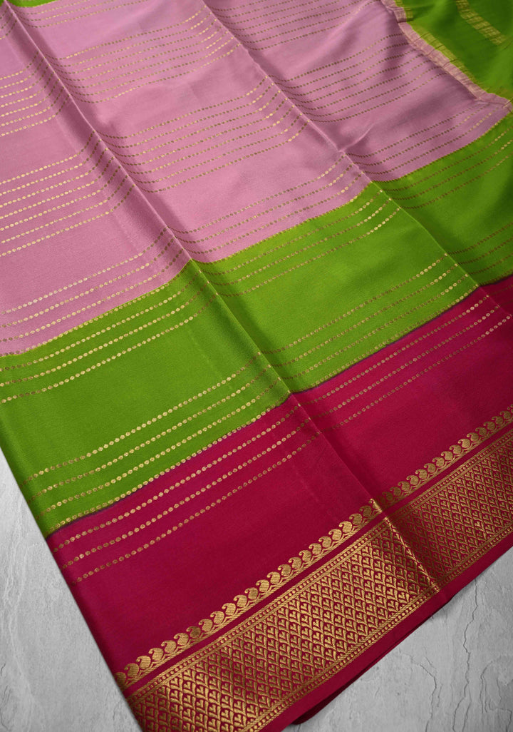 Muted Pink Mysore Silk Saree with Horizontal Zari stripes and Panel Border in KSIC Grade Thickness | SILK MARK CERTIFIED