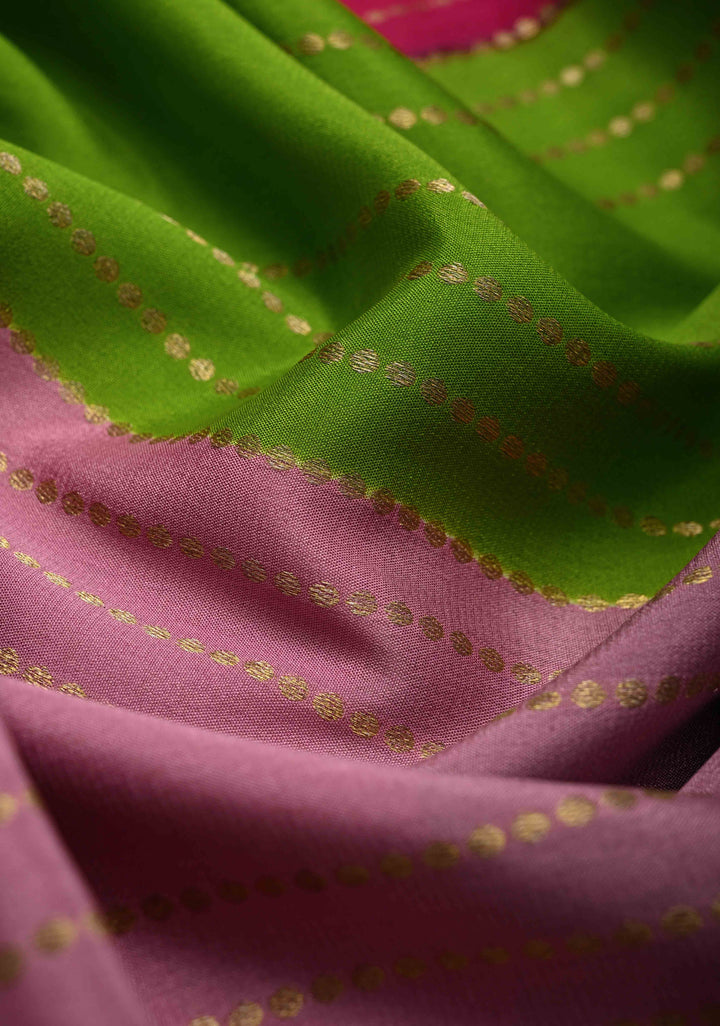 Muted Pink Mysore Silk Saree with Horizontal Zari stripes and Panel Border in KSIC Grade Thickness | SILK MARK CERTIFIED