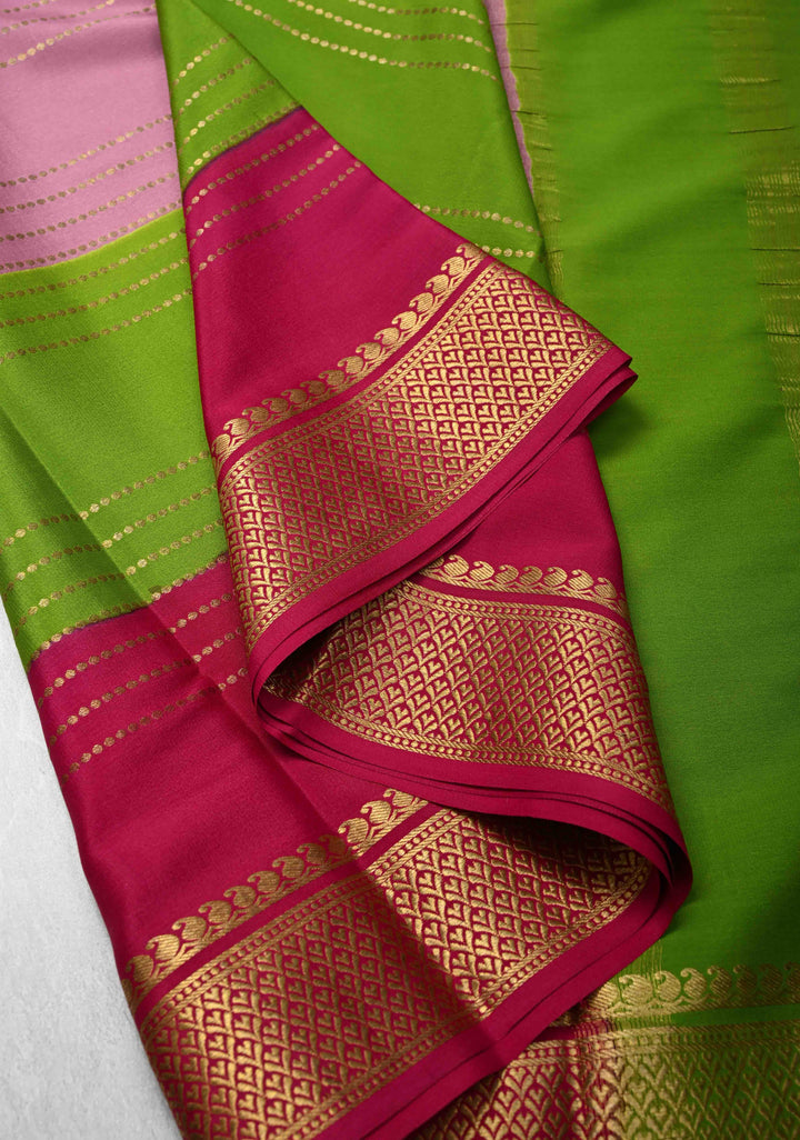 Muted Pink Mysore Silk Saree with Horizontal Zari stripes and Panel Border in KSIC Grade Thickness | SILK MARK CERTIFIED