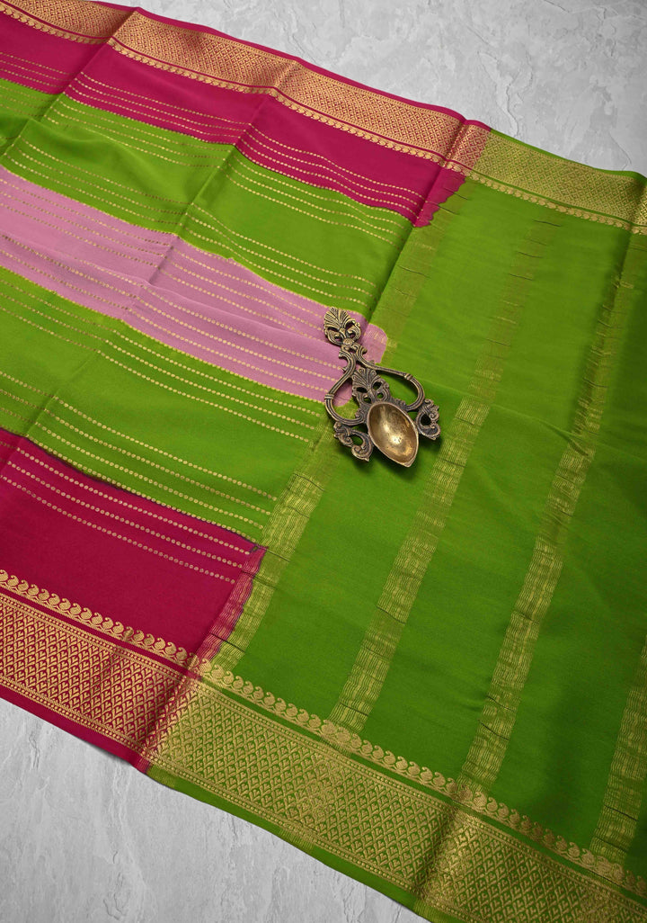 Muted Pink Mysore Silk Saree with Horizontal Zari stripes and Panel Border in KSIC Grade Thickness | SILK MARK CERTIFIED