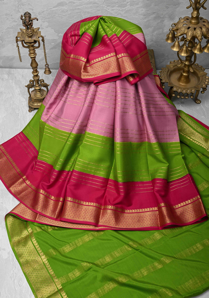 Muted Pink Mysore Silk Saree with Horizontal Zari stripes and Panel Border in KSIC Grade Thickness | SILK MARK CERTIFIED