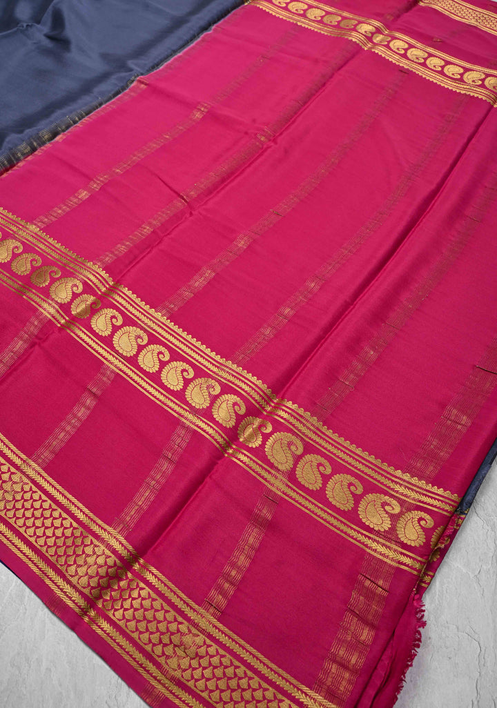 Midnight Blue Mysore Silk Saree with Pink Panel and Zari Border in KSIC Grade Thickness | SILK MARK CERTIFIED