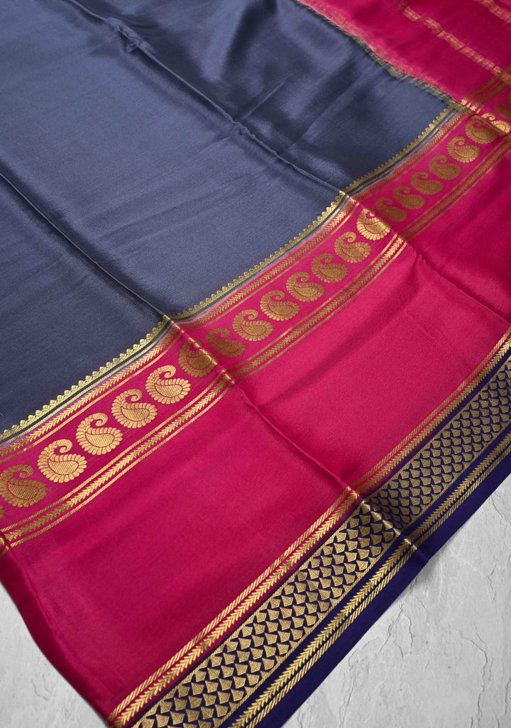 Midnight Blue Mysore Silk Saree with Pink Panel and Zari Border in KSIC Grade Thickness | SILK MARK CERTIFIED