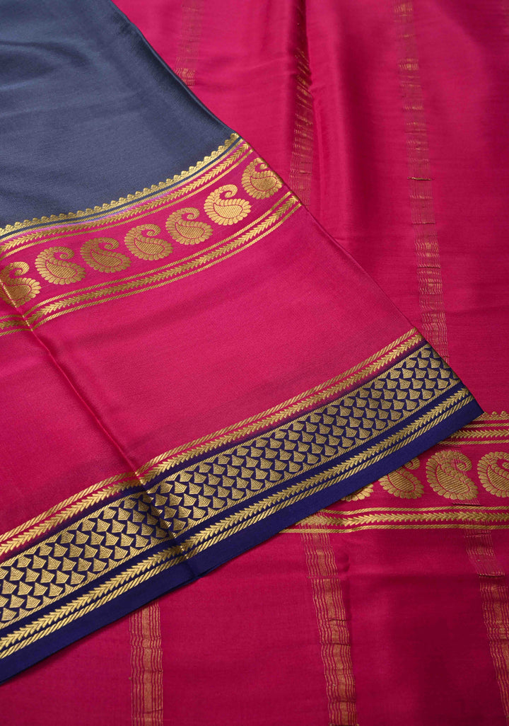 Midnight Blue Mysore Silk Saree with Pink Panel and Zari Border in KSIC Grade Thickness | SILK MARK CERTIFIED