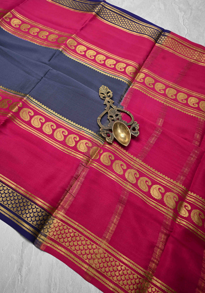 Midnight Blue Mysore Silk Saree with Pink Panel and Zari Border in KSIC Grade Thickness | SILK MARK CERTIFIED
