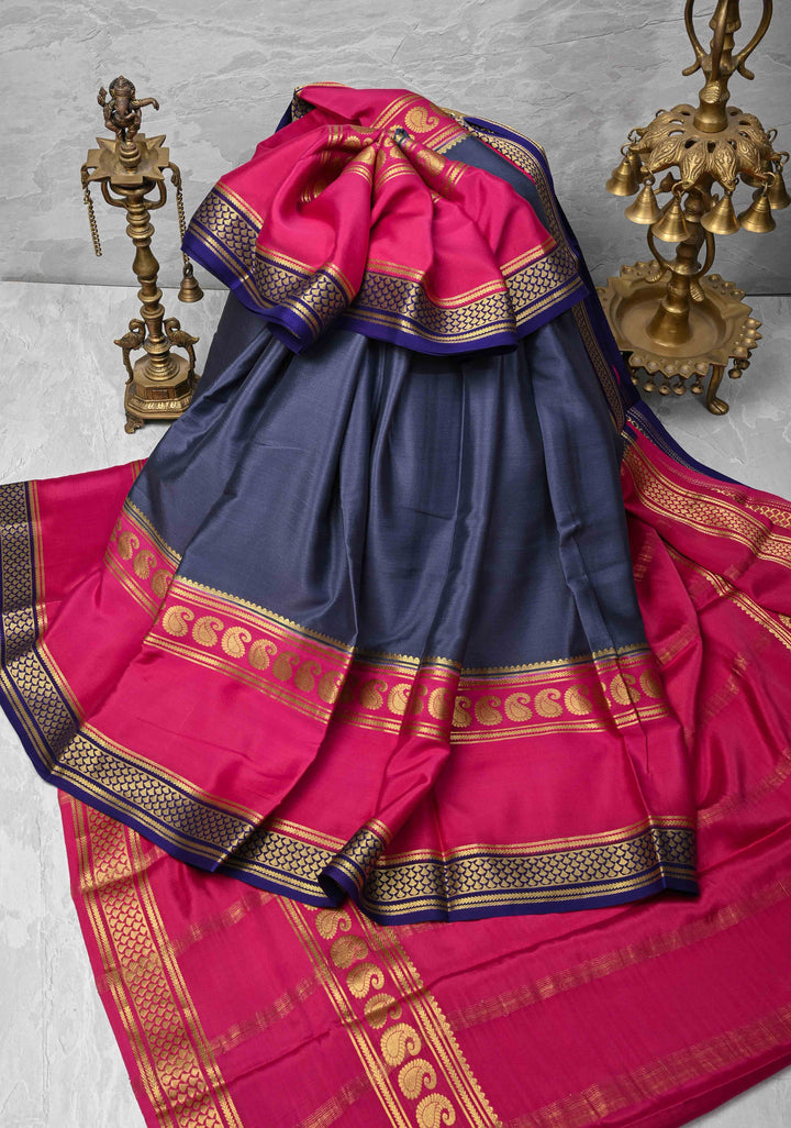 Midnight Blue Mysore Silk Saree with Pink Panel and Zari Border in KSIC Grade Thickness | SILK MARK CERTIFIED