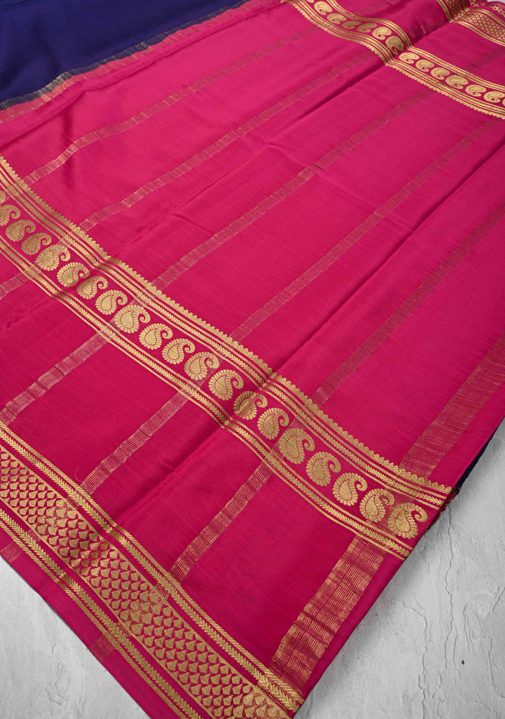Navy Blue Mysore Silk Saree with Pink Panel and Zari Border in KSIC Grade Thickness | SILK MARK CERTIFIED