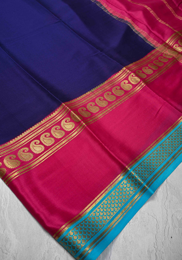 Navy Blue Mysore Silk Saree with Pink Panel and Zari Border in KSIC Grade Thickness | SILK MARK CERTIFIED