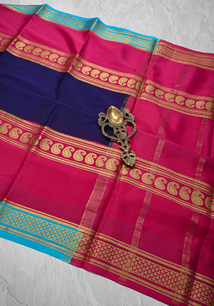 Navy Blue Mysore Silk Saree with Pink Panel and Zari Border in KSIC Grade Thickness | SILK MARK CERTIFIED