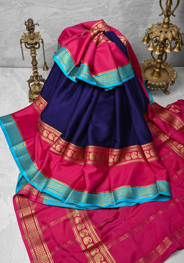Navy Blue Mysore Silk Saree with Pink Panel and Zari Border in KSIC Grade Thickness | SILK MARK CERTIFIED