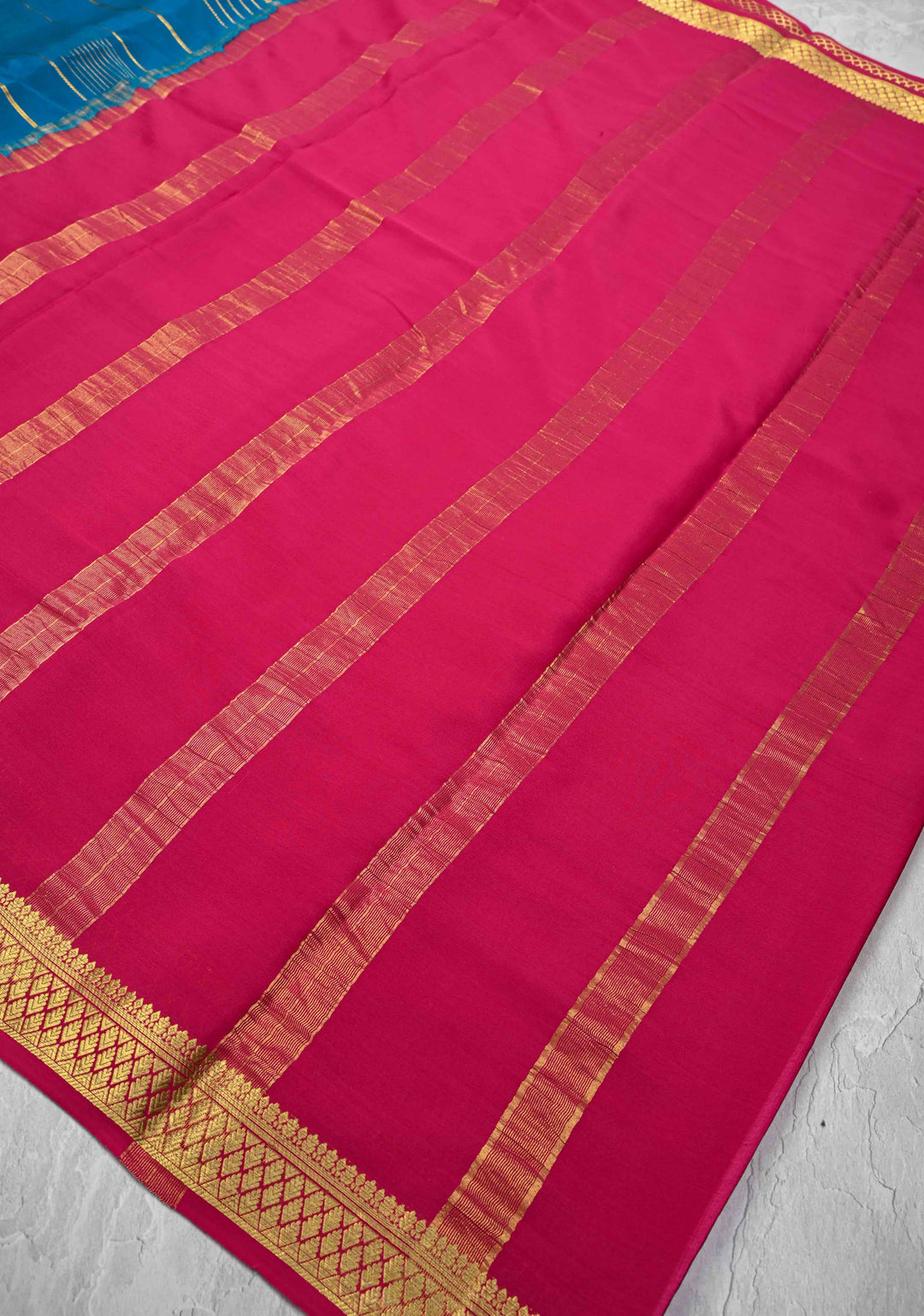 Prussian Blue Mysore Silk Saree with Horizontal Zari Stripes and Zari Border in KSIC Grade Thickness | SILK MARK CERTIFIED