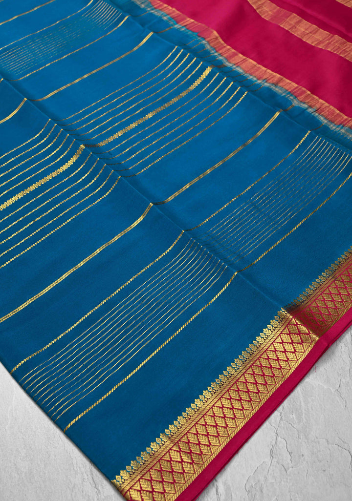 Prussian Blue Mysore Silk Saree with Horizontal Zari Stripes and Zari Border in KSIC Grade Thickness | SILK MARK CERTIFIED