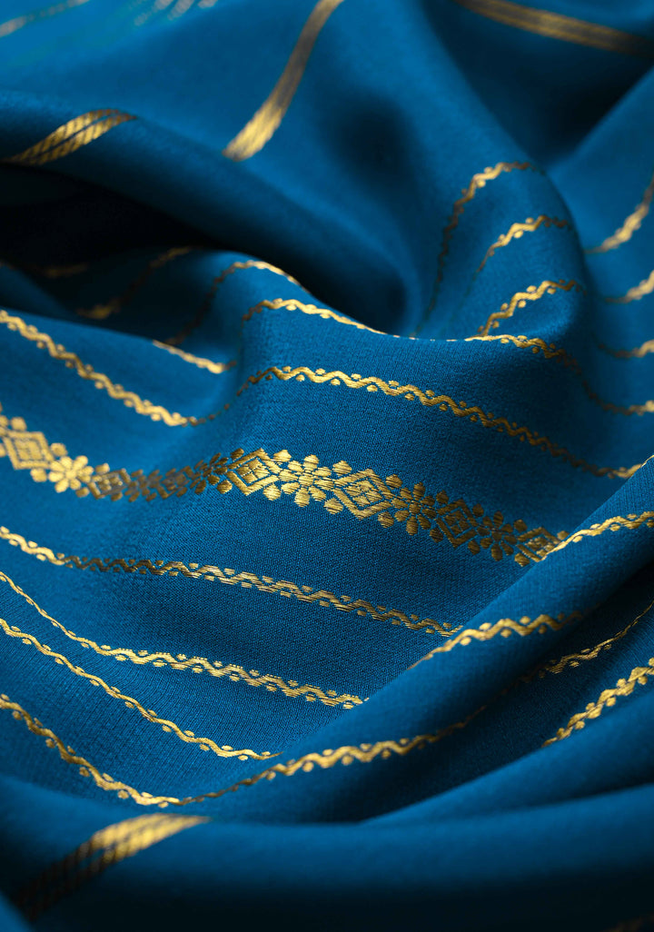 Prussian Blue Mysore Silk Saree with Horizontal Zari Stripes and Zari Border in KSIC Grade Thickness | SILK MARK CERTIFIED