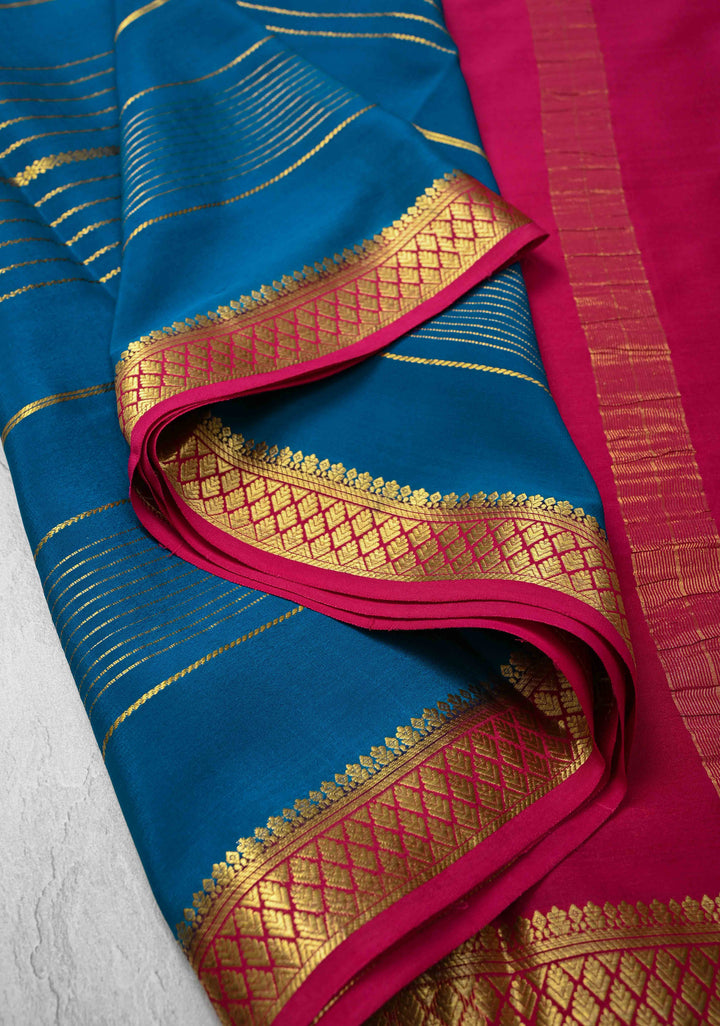Prussian Blue Mysore Silk Saree with Horizontal Zari Stripes and Zari Border in KSIC Grade Thickness | SILK MARK CERTIFIED