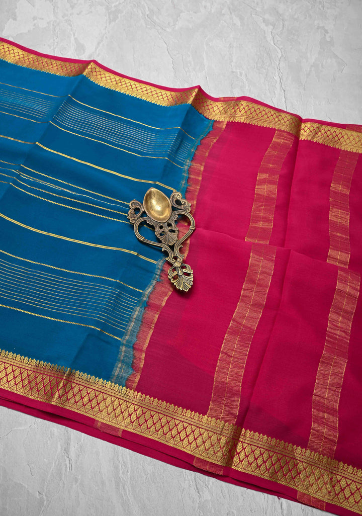 Prussian Blue Mysore Silk Saree with Horizontal Zari Stripes and Zari Border in KSIC Grade Thickness | SILK MARK CERTIFIED