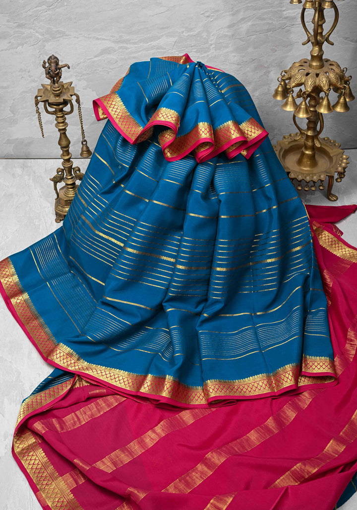 Prussian Blue Mysore Silk Saree with Horizontal Zari Stripes and Zari Border in KSIC Grade Thickness | SILK MARK CERTIFIED