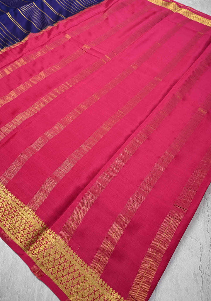 Navy Blue Mysore Silk Saree with Horizontal Zari Stripes and Zari Border in KSIC Grade Thickness | SILK MARK CERTIFIED
