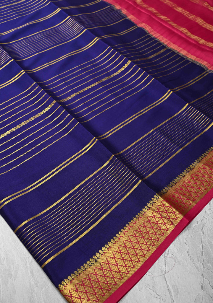 Navy Blue Mysore Silk Saree with Horizontal Zari Stripes and Zari Border in KSIC Grade Thickness | SILK MARK CERTIFIED