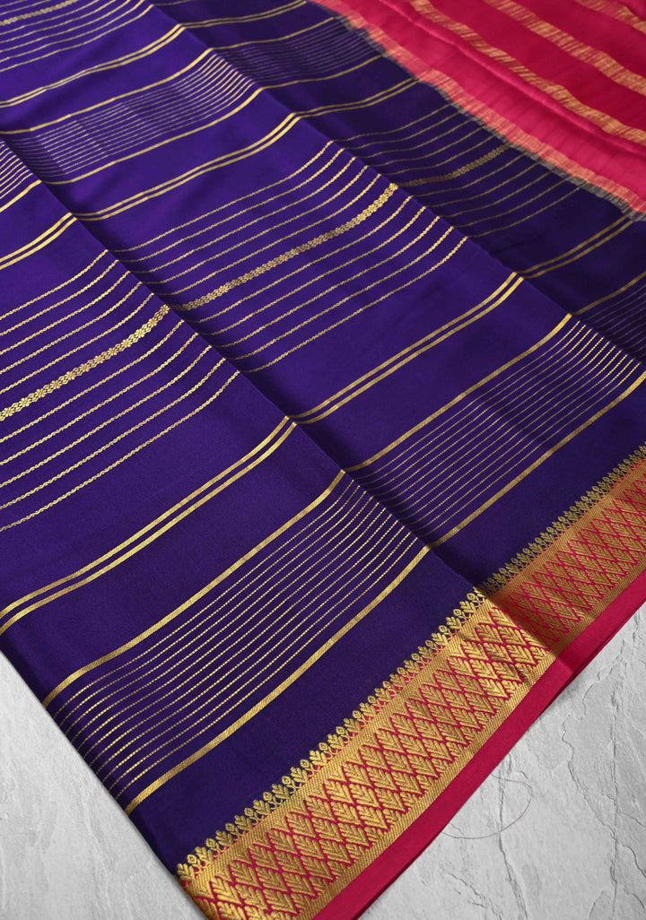 Navy Blue Mysore Silk Saree with Horizontal Zari Stripes and Zari Border in KSIC Grade Thickness | SILK MARK CERTIFIED