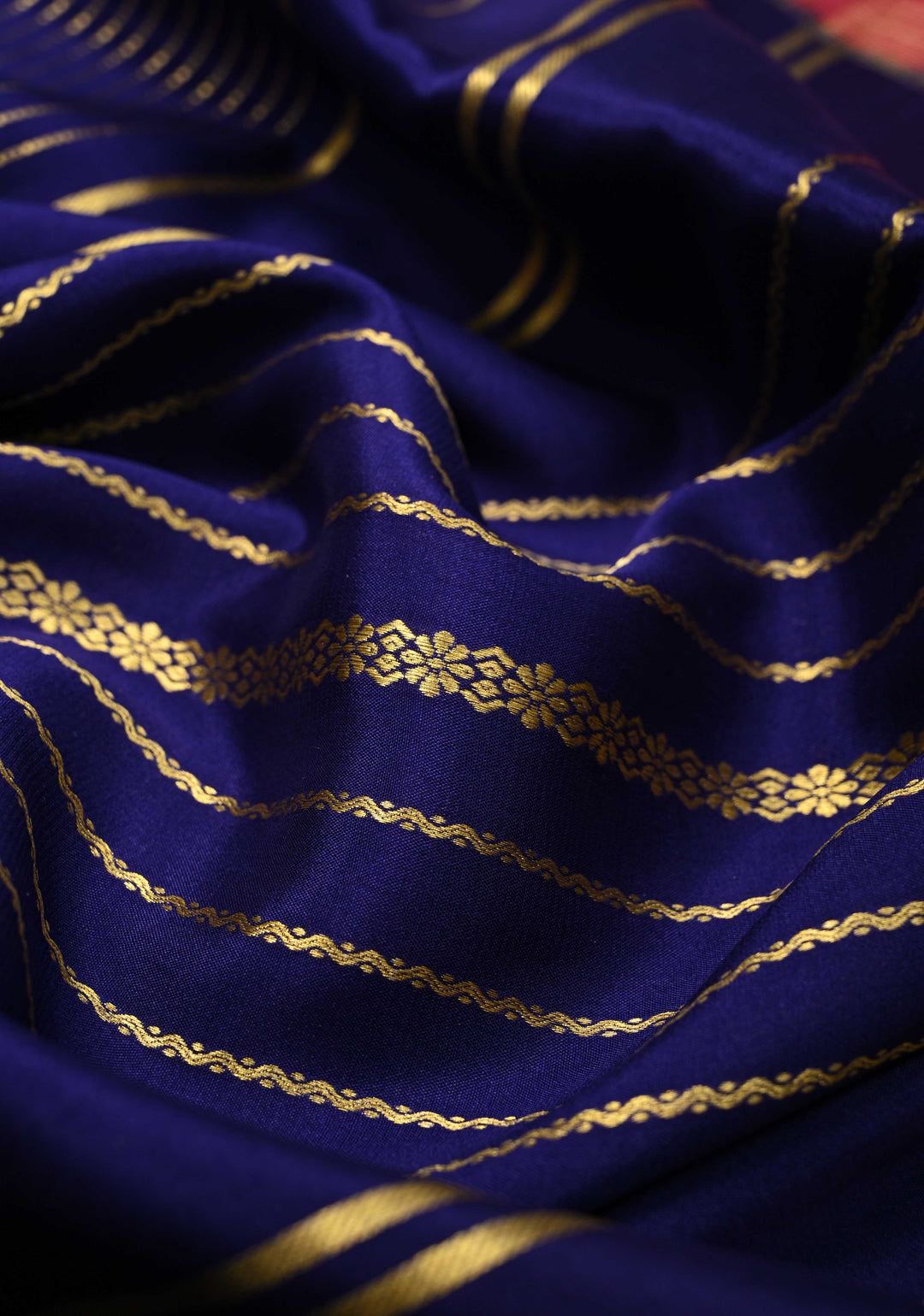 Navy Blue Mysore Silk Saree with Horizontal Zari Stripes and Zari Border in KSIC Grade Thickness | SILK MARK CERTIFIED