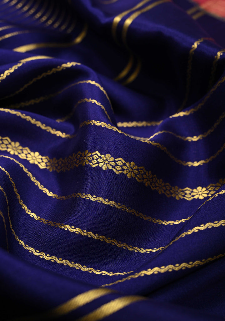 Navy Blue Mysore Silk Saree with Horizontal Zari Stripes and Zari Border in KSIC Grade Thickness | SILK MARK CERTIFIED