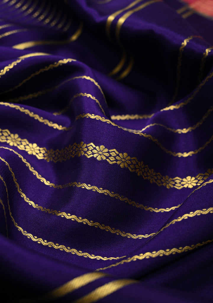 Navy Blue Mysore Silk Saree with Horizontal Zari Stripes and Zari Border in KSIC Grade Thickness | SILK MARK CERTIFIED