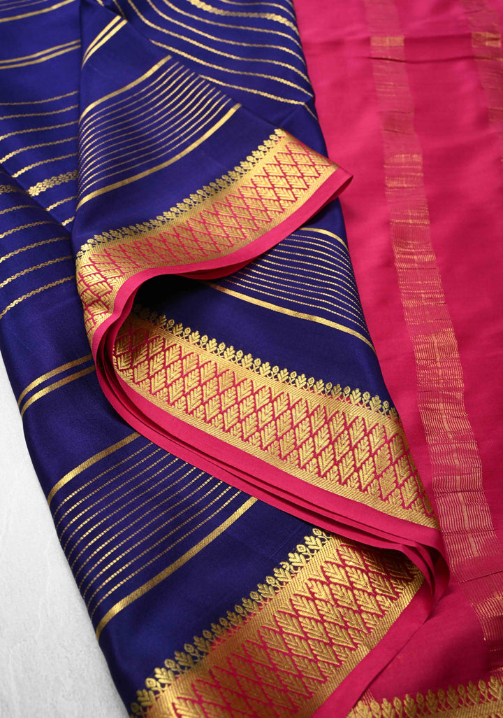 Navy Blue Mysore Silk Saree with Horizontal Zari Stripes and Zari Border in KSIC Grade Thickness | SILK MARK CERTIFIED
