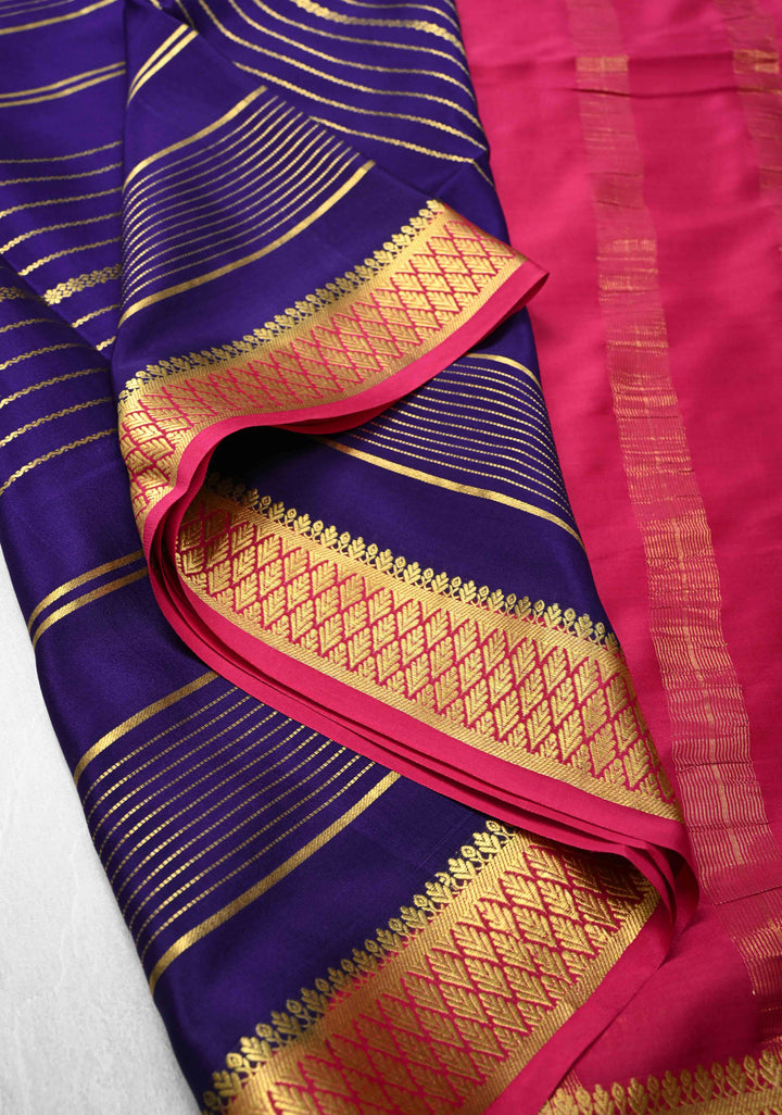 Navy Blue Mysore Silk Saree with Horizontal Zari Stripes and Zari Border in KSIC Grade Thickness | SILK MARK CERTIFIED