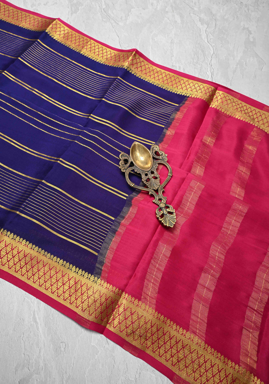 Navy Blue Mysore Silk Saree with Horizontal Zari Stripes and Zari Border in KSIC Grade Thickness | SILK MARK CERTIFIED