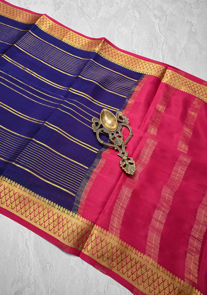 Navy Blue Mysore Silk Saree with Horizontal Zari Stripes and Zari Border in KSIC Grade Thickness | SILK MARK CERTIFIED