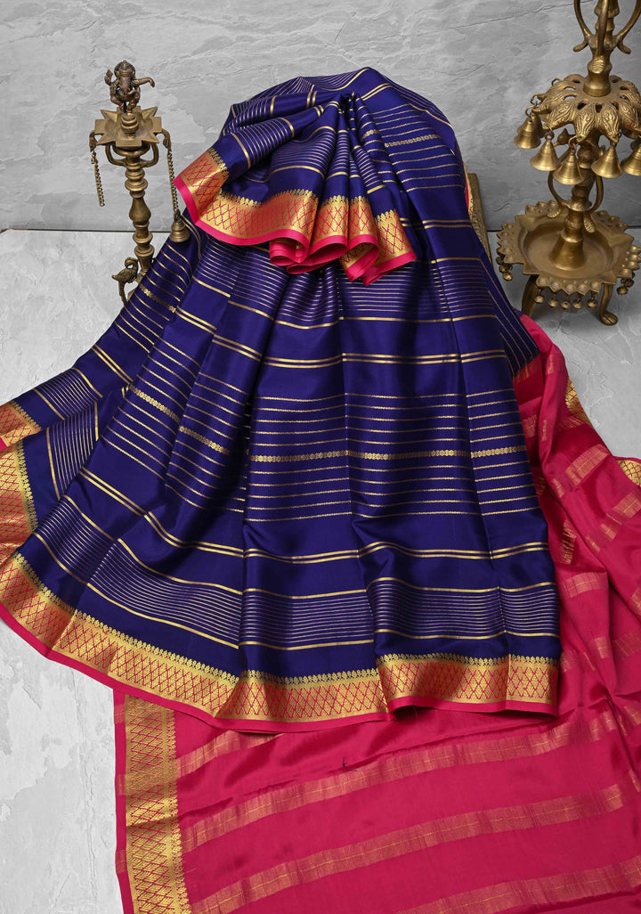 Navy Blue Mysore Silk Saree with Horizontal Zari Stripes and Zari Border in KSIC Grade Thickness | SILK MARK CERTIFIED