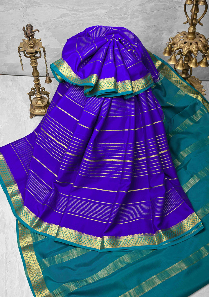 Persian Blue Mysore silk Saree With Horizontal Zari Stripes and Zari Border in KSIC Grade Thickness | SILK MARK CERTIFIED