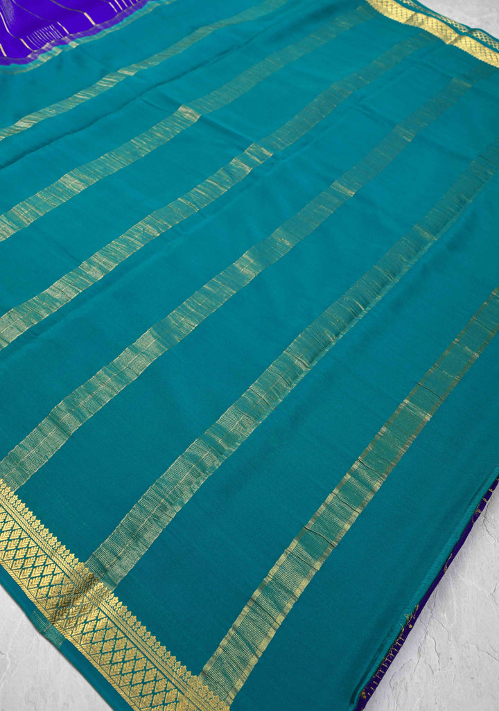 Persian Blue Mysore silk Saree With Horizontal Zari Stripes and Zari Border in KSIC Grade Thickness | SILK MARK CERTIFIED