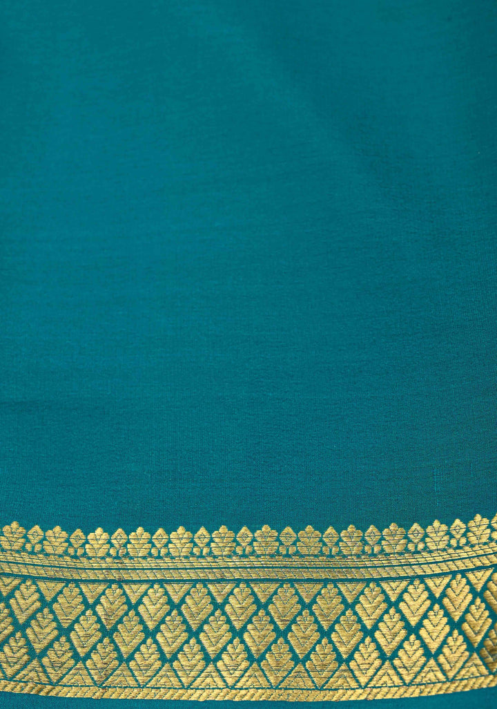 Persian Blue Mysore silk Saree With Horizontal Zari Stripes and Zari Border in KSIC Grade Thickness | SILK MARK CERTIFIED