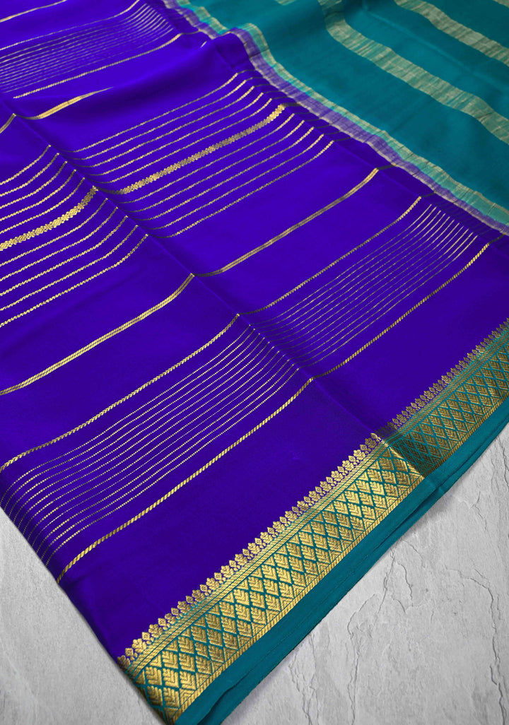 Persian Blue Mysore silk Saree With Horizontal Zari Stripes and Zari Border in KSIC Grade Thickness | SILK MARK CERTIFIED
