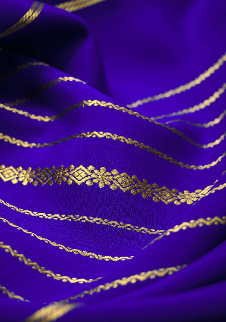 Persian Blue Mysore silk Saree With Horizontal Zari Stripes and Zari Border in KSIC Grade Thickness | SILK MARK CERTIFIED